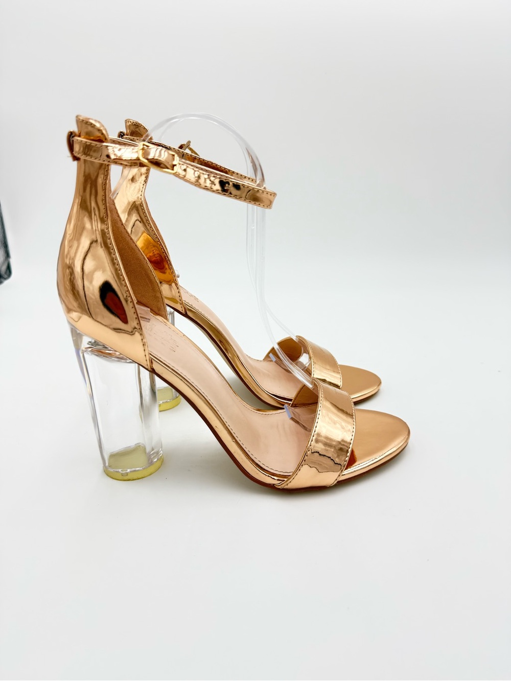 Charlotte Russe Rose Gold Metallic Clear Block Heel Sandals